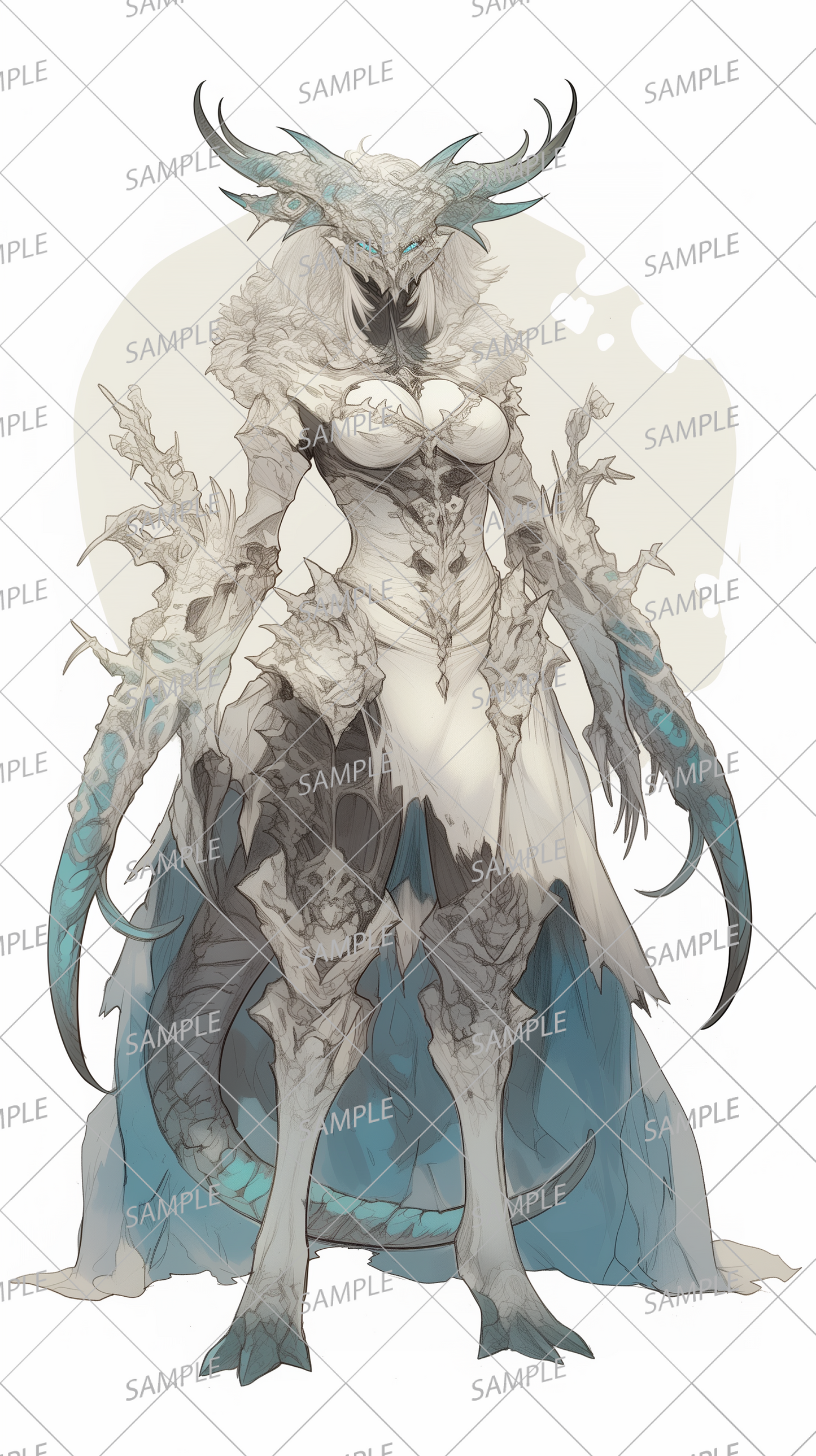 AA-0403 A white, noble and mysterious female monster with sharp claws and horns.