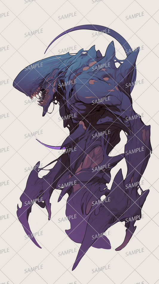 AA-0404 A blue-purple creature with a shark-like face and sharp claws and fangs.