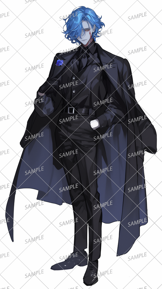 AA-0426 A creepy gentleman wearing a black suit and coat with blue hair