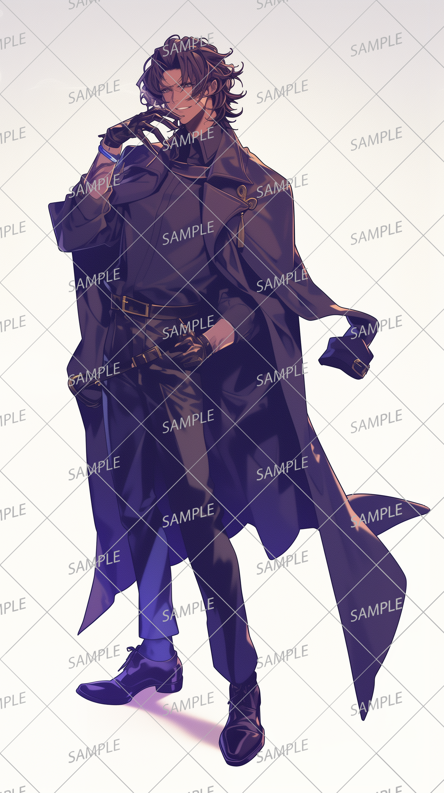 AA-0428 A mysterious young man wearing a black suit and long coat