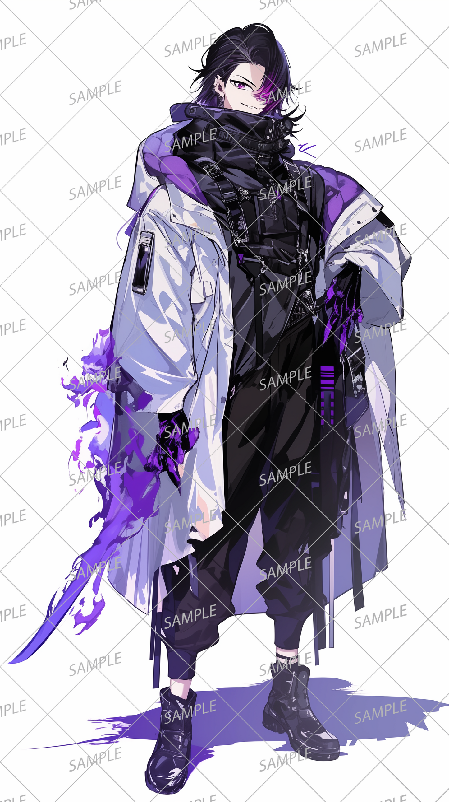 AA-0431 A man wearing a white coat and a black high-necked shirt, hiding his mouth and holding a purple dagger