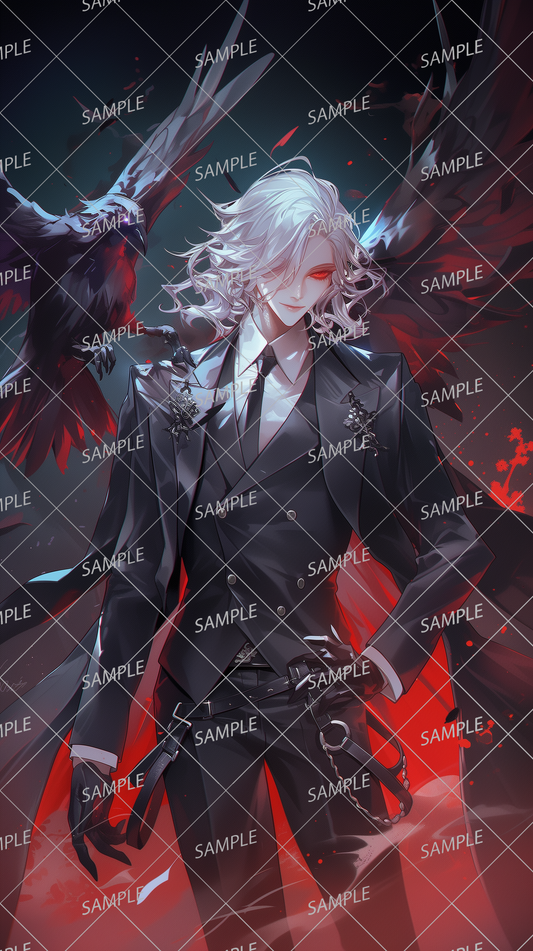 AA-0437 A noble white-haired man in a black suit with a crow and one wing