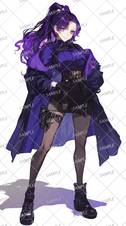 AA-0440 A woman with purple hair in a ponytail wearing black shorts and a long coat