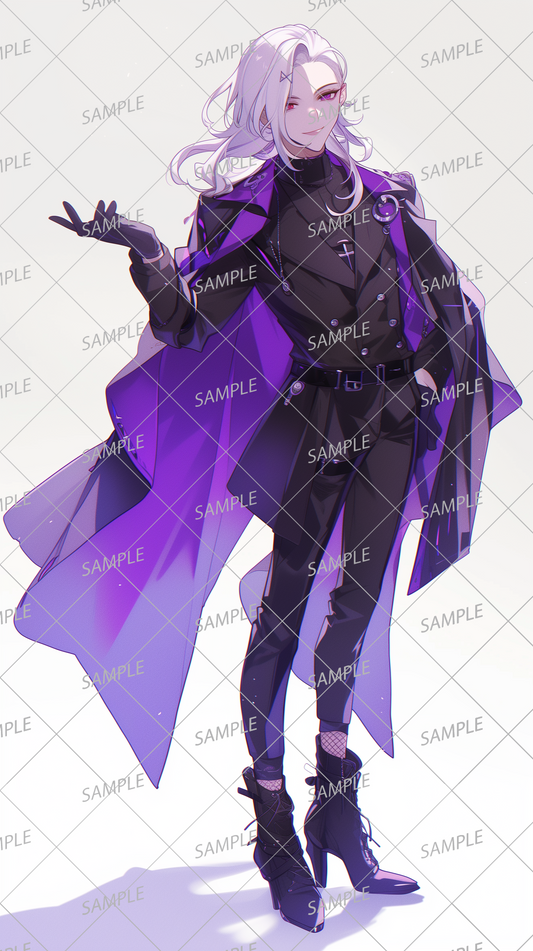 AA-0444 A smiling androgynous villain in a black and purple gothic style