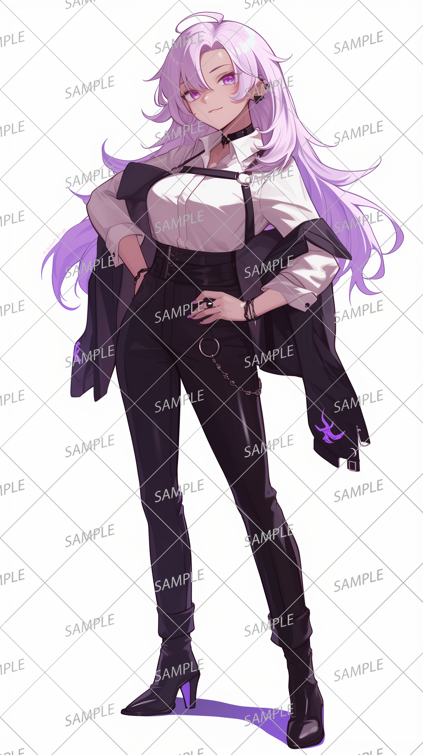 AA-0448 A cool purple-haired woman wearing a white shirt and black pants