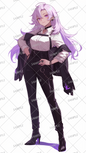 AA-0448 A cool purple-haired woman wearing a white shirt and black pants