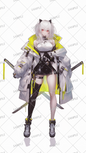 AA-0450 A white-haired woman in a black and white outfit with yellow accents, carrying two swords