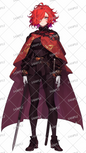 AA-0451 A female swordsman with wavy short bob wearing a luxurious red costume