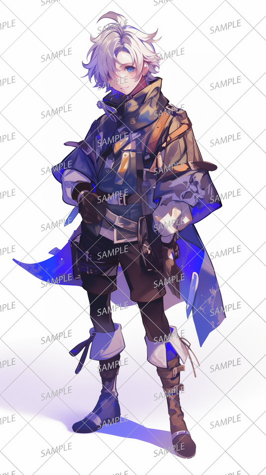 AA-0452 A smiling, white-haired young adventurer wearing a practical coat