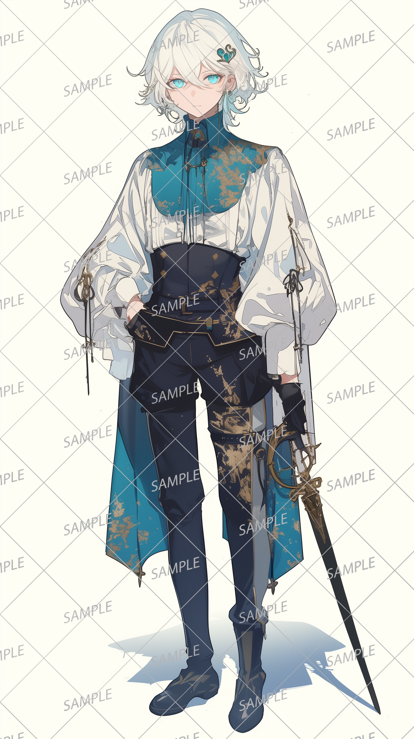 AA-0455 A boyish character wearing an elegant outfit and holding a sword