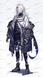 AA-0460 Androgynous character with silver hair wearing a black and white coat