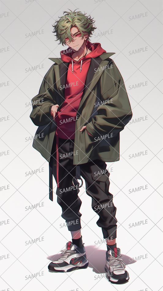 AA-0462 A man wearing a casual red hoodie and olive green jacket