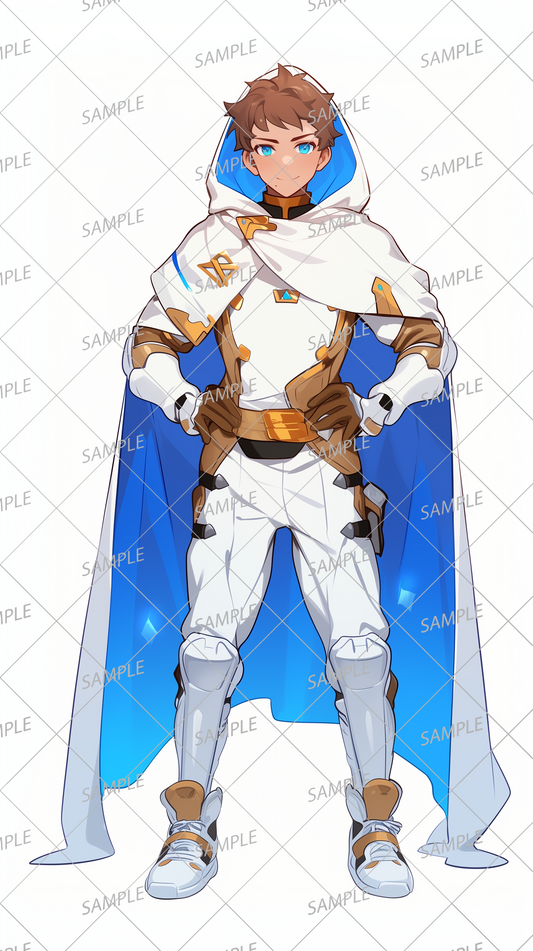 AA-0468 A hero in white armor with blue accents on the inside