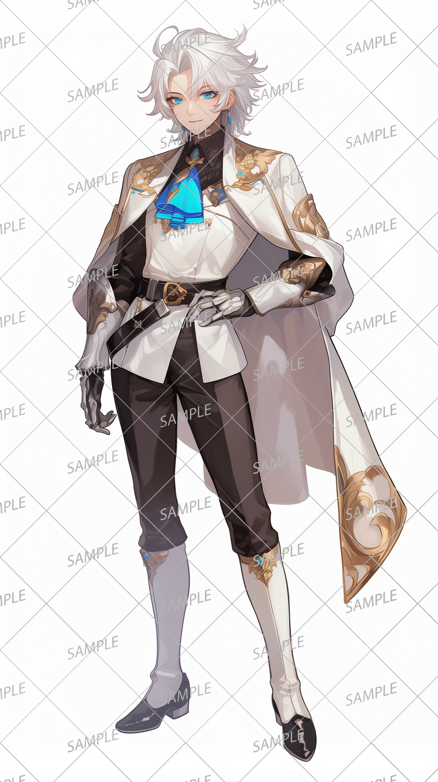 AA-0471 An aristocratic man wearing a luxurious white and gold outfit