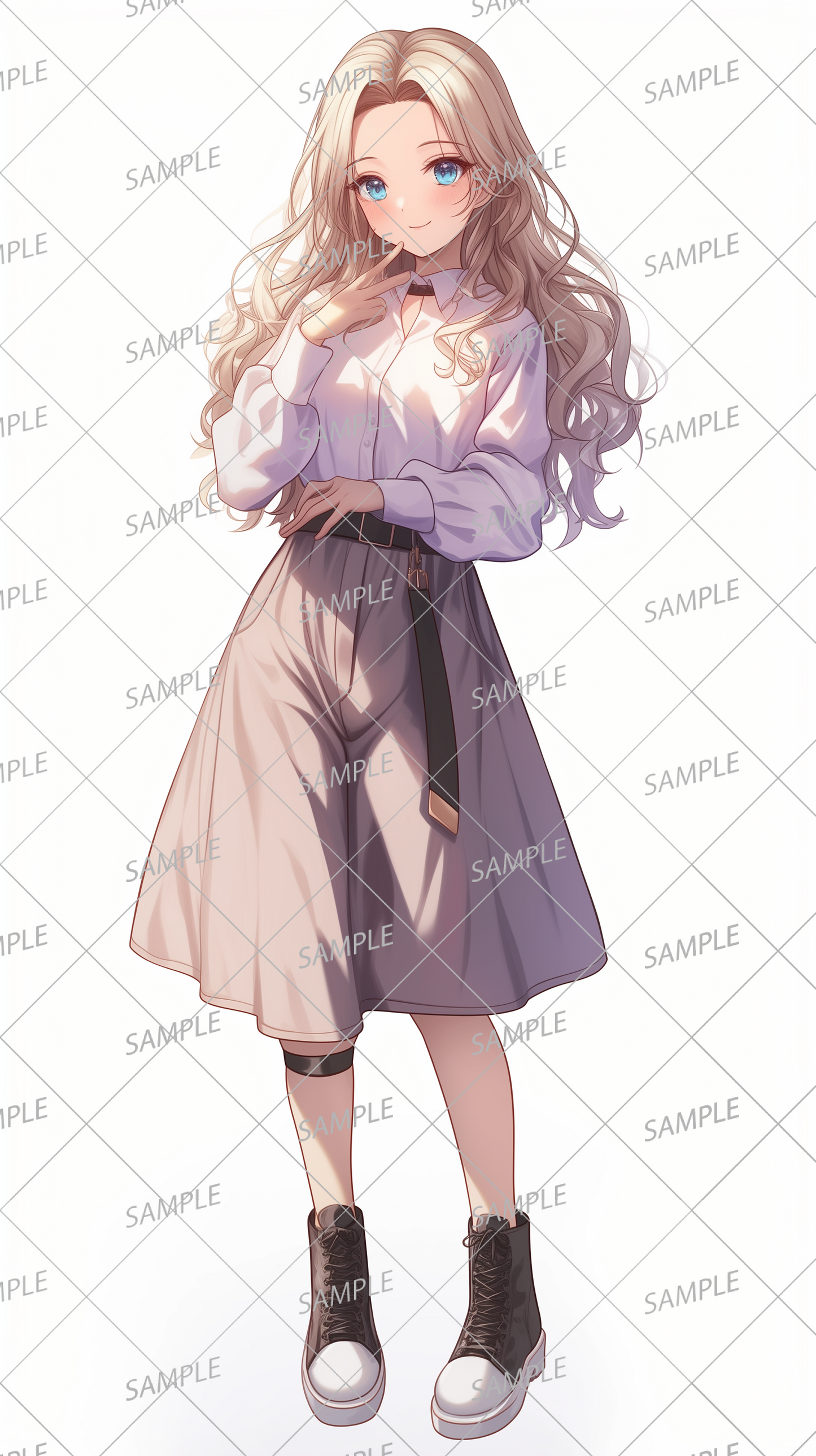 AA-0478 A woman with golden wavy hair wearing a white long-sleeved shirt and a beige skirt