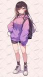 AA-0489 Long-haired girl wearing purple oversized hoodie and shorts