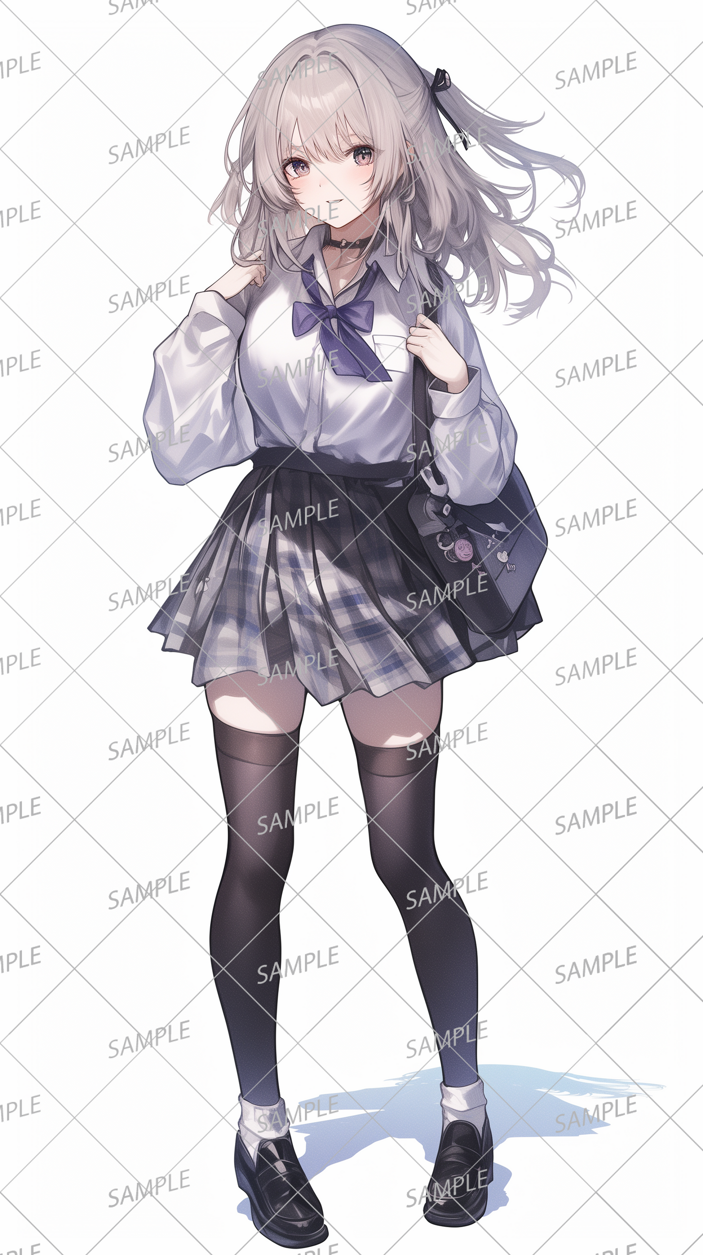 AA-0495 A gray-haired girl wearing a uniform with a white blouse and a plaid skirt