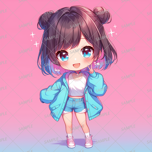 AA-0501 Mini character with double bun hair wearing a blue jacket