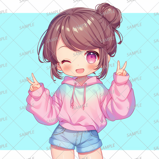 AA-0502 Mini character with brown hair in a bun making a double peace sign