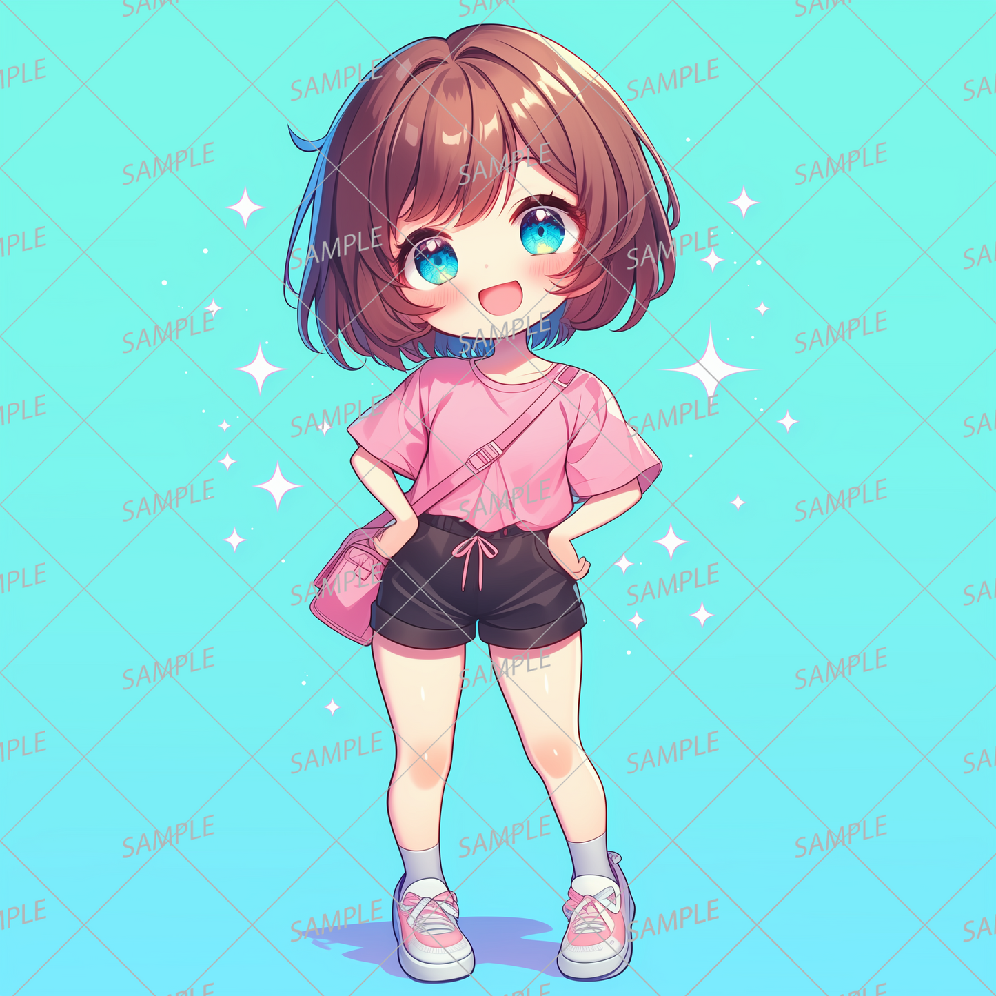 AA-0504 A short-haired mini character wearing a pink T-shirt with a bright smile