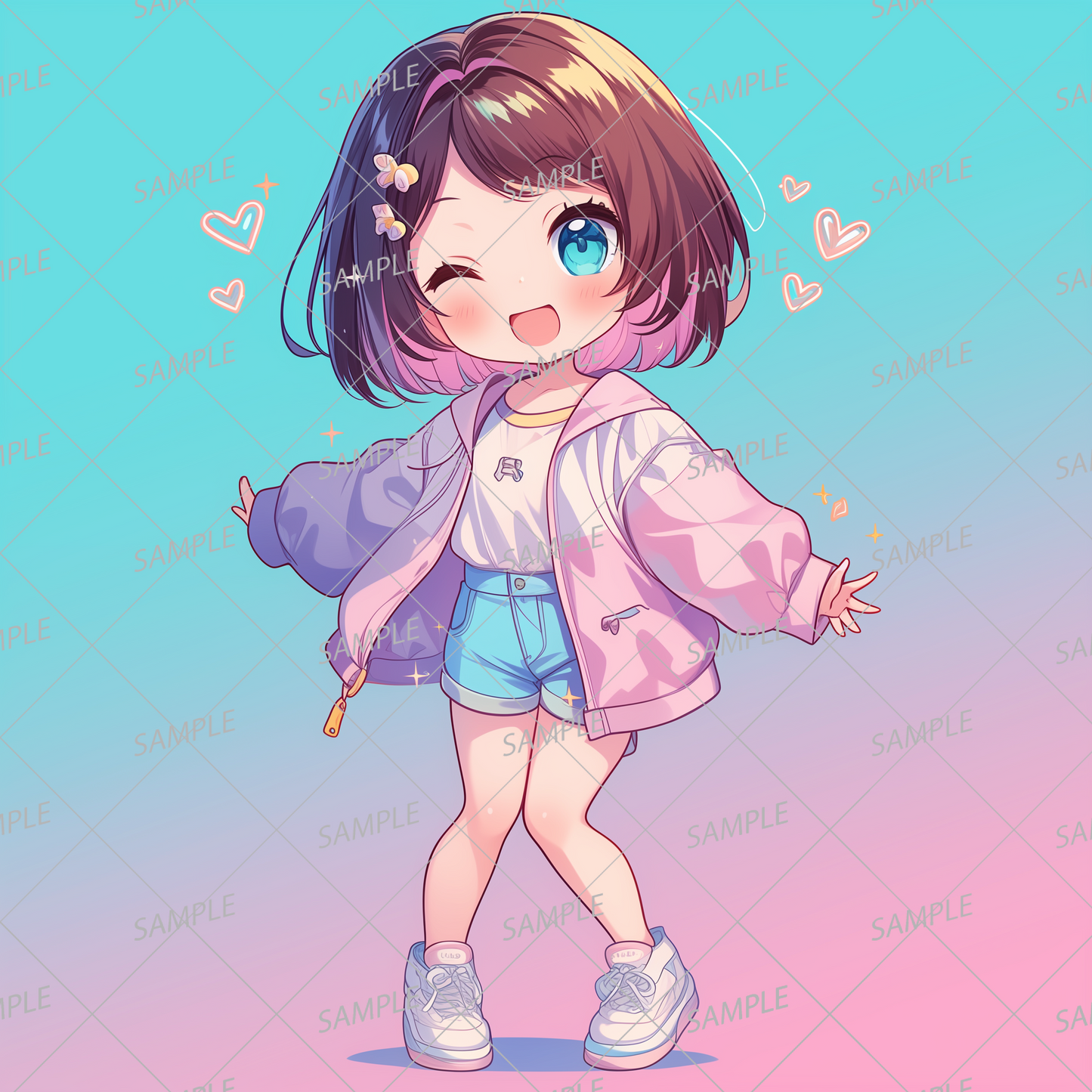 AA-0506 Mini character wearing a pink jacket and denim shorts