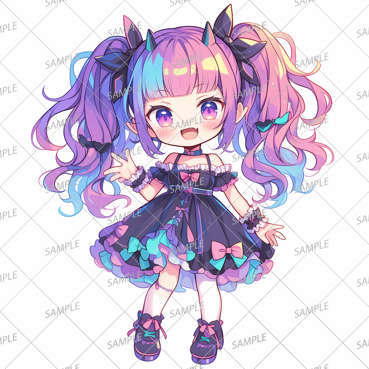 AA-0519 Pink haired twin tail mini character wearing a black gothic dress