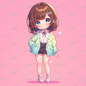 AA-0520 Brown-haired mini character wearing a mint green cardigan