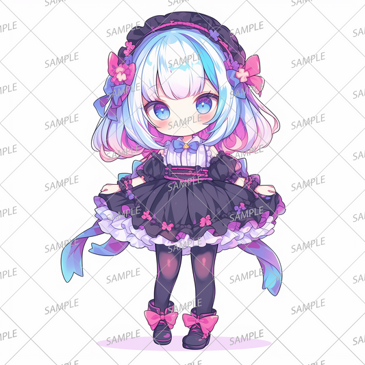 AA-0524 A white-haired mini character wearing a gothic black dress like an idol