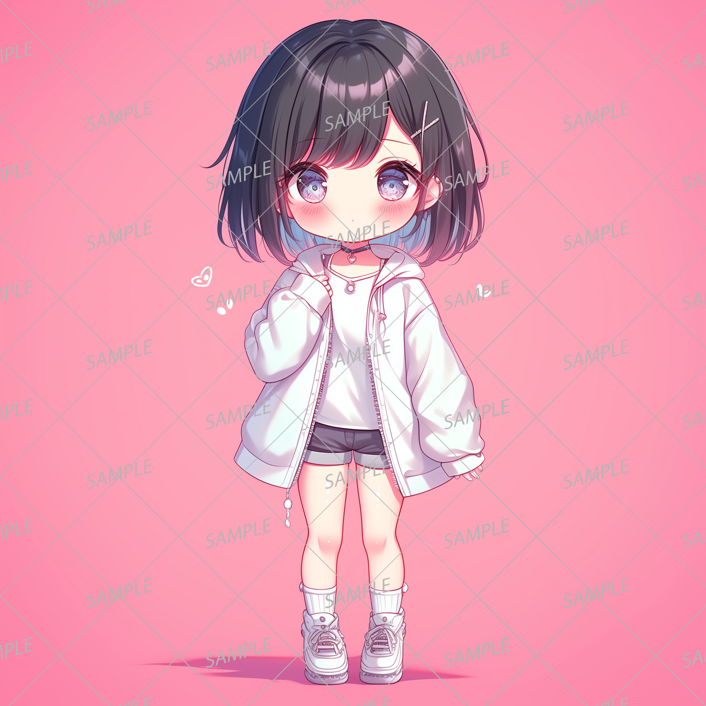 AA-0528 A mini character in love with a white hoodie and black shorts