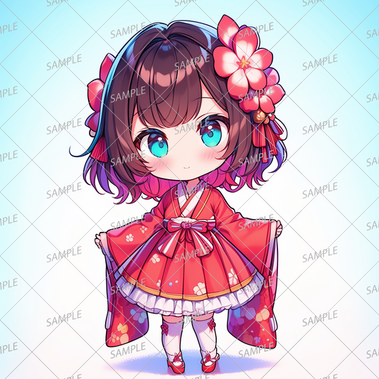 AA-0529 A mini character wearing a red kimono and featuring a large flower decoration