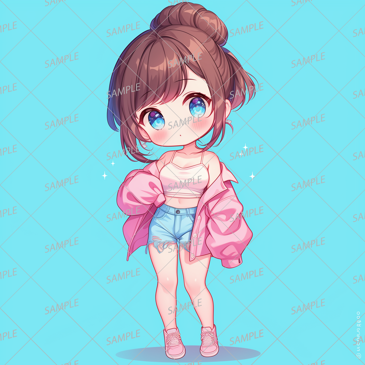 AA-0531 A mini character with brown hair in a bun wearing a white camisole and blue shorts.