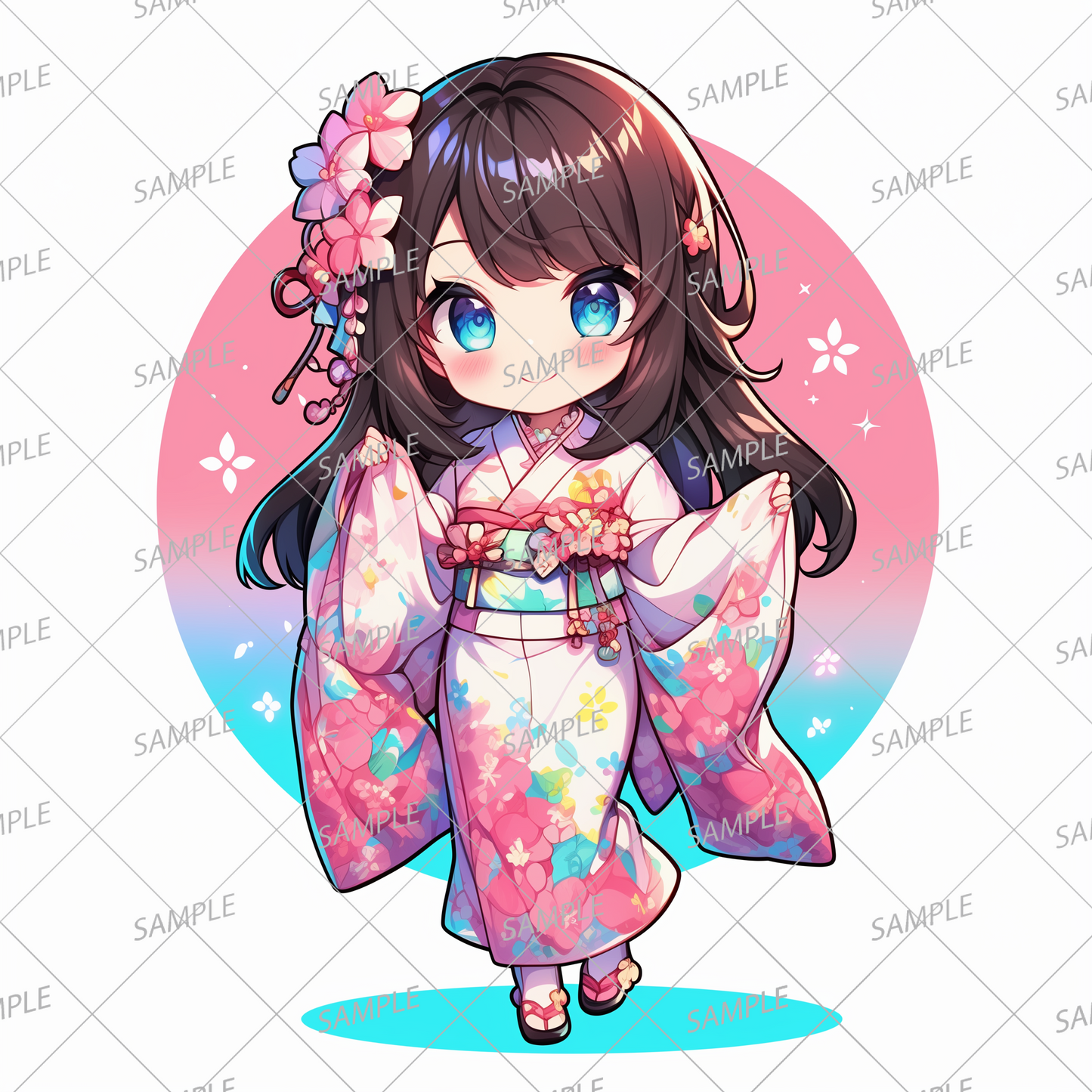 AA-0533 A mini character wearing a traditional floral kimono and a large flower hair accessory