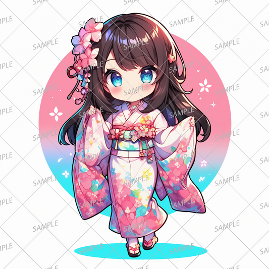 AA-0533 A mini character wearing a traditional floral kimono and a large flower hair accessory