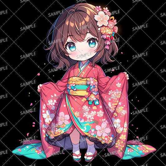 AA-0534 A short-haired mini character wearing a pink kimono with fluttering petals