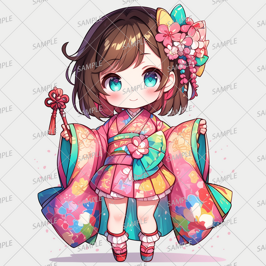 AA-0535 A mini character wearing a colorful floral kimono holding a red ornament in his hand