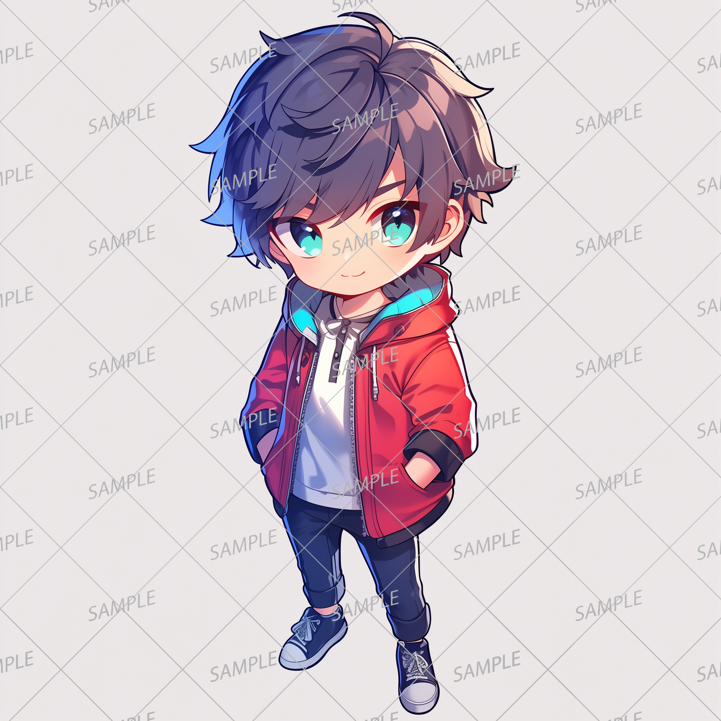 AA-0541 Black-haired mini character in a red hoodie with hands in pockets