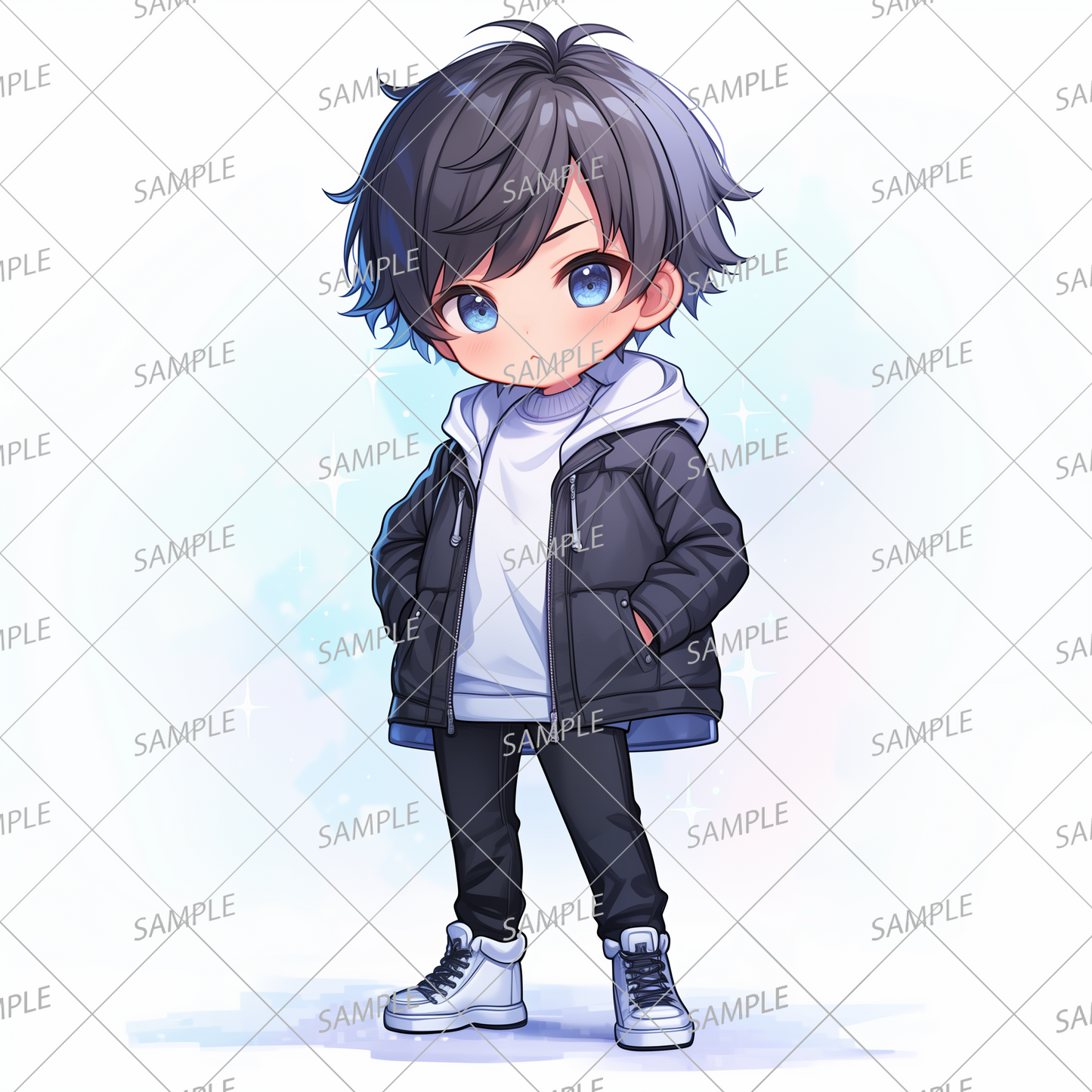 AA-0542 A mini character wearing a black jacket over a white hoodie