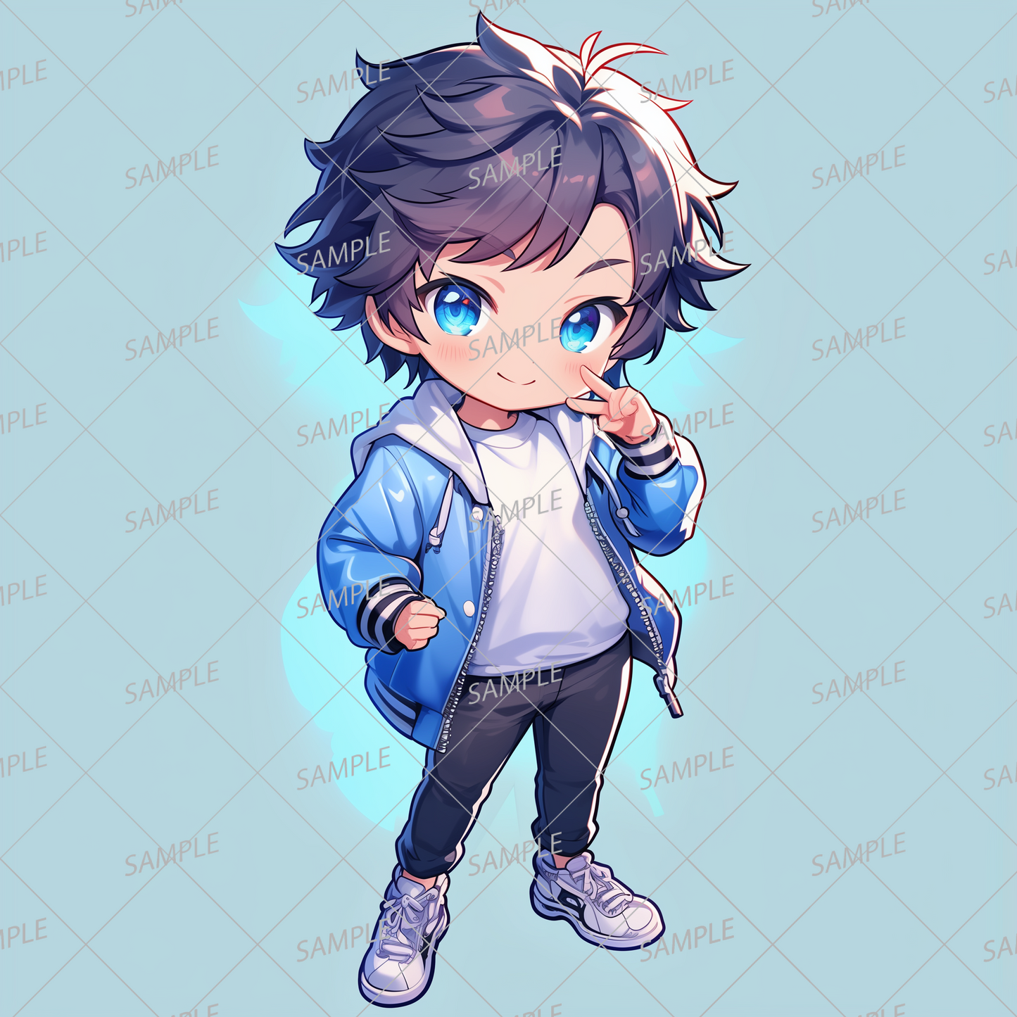 AA-0543 A short-haired, blue-haired mini character wearing a blue jacket making a peace sign