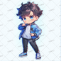 AA-0549 A short-haired mini character in a blue jacket taking a fighting pose