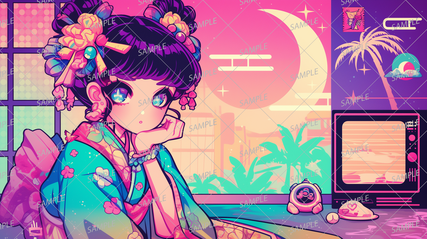 AA-0552 A girl wearing a light blue kimono and a night view with pop colors