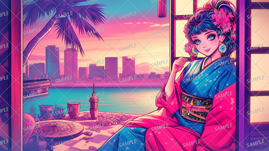 AA-0558 A woman in a kimono with the city's buildings in the sunset behind her