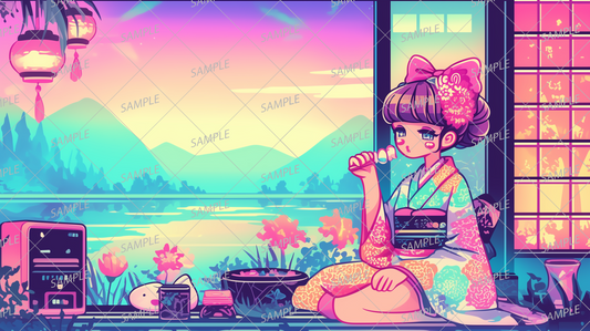 AA-0559 A woman in a kimono with a big ribbon eating dumplings and mountains and a lake at dusk