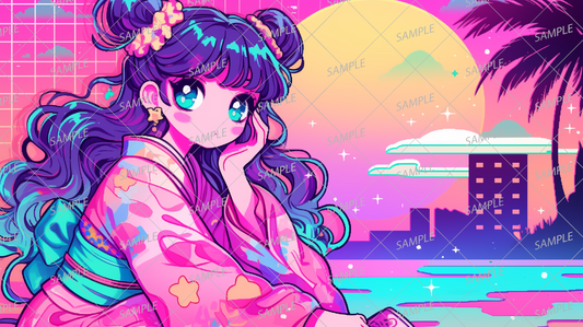 AA-0560 A woman in a kimono standing in a retro pop cityscape and the setting sun