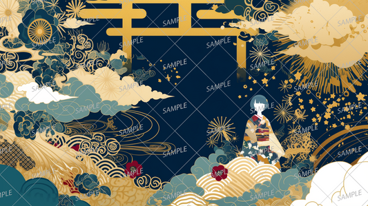 AA-0565 Beautiful background of clouds and flowers and a gold Japanese pattern design