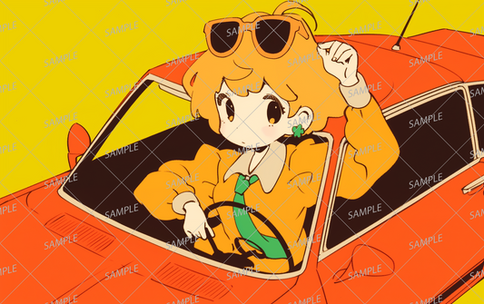 AA-0572 A woman wearing orange and sunglasses sticking out of a car