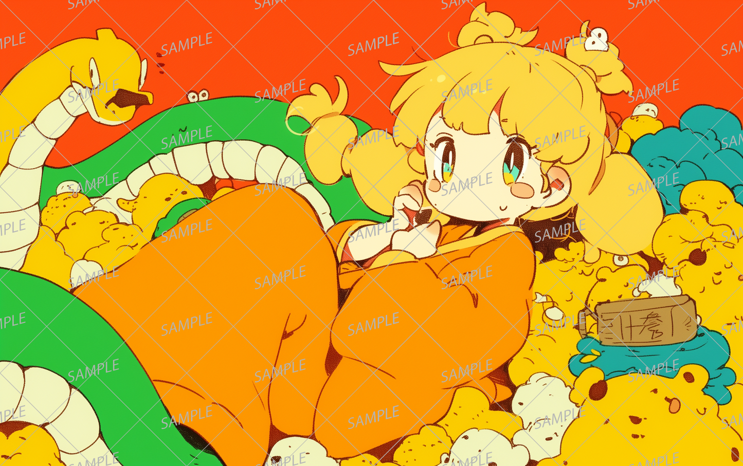 AA-0573 Blonde girl in orange kimono surrounded by snakes and mysterious creatures