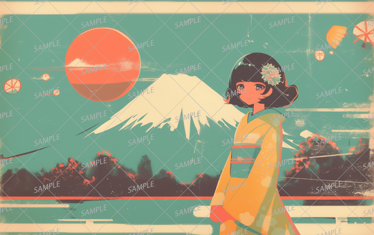 AA-0574 Mt. Fuji and a girl in a yellow kimono with a flower decoration