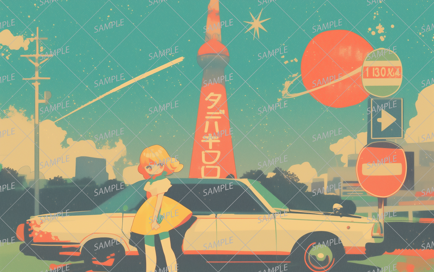 AA-0575タワーと赤い惑星を背景にした白い車と黄色い服の女の子