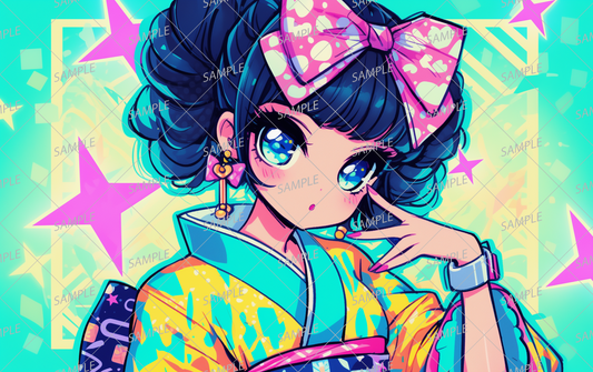 AA-0582 A cool girl wearing a brightly colored kimono and a big ribbon