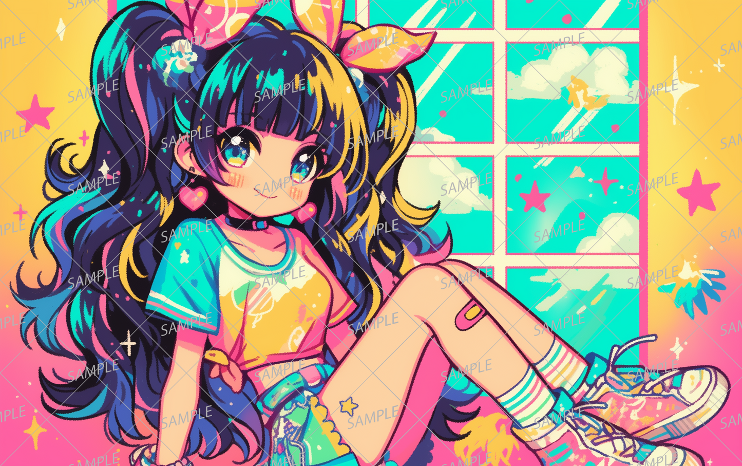 AA-0583 A girl with colorful ribbons and twin tails sitting by a window under the blue sky